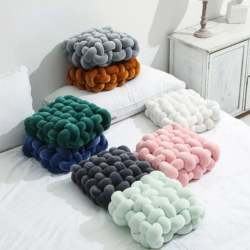 BowLift | Living Room Soft Plush Knot Pillow Sofa Pillow Solid Color Square Handwoven Home Throw Pillow Square Woven Seat Cushion Pillow