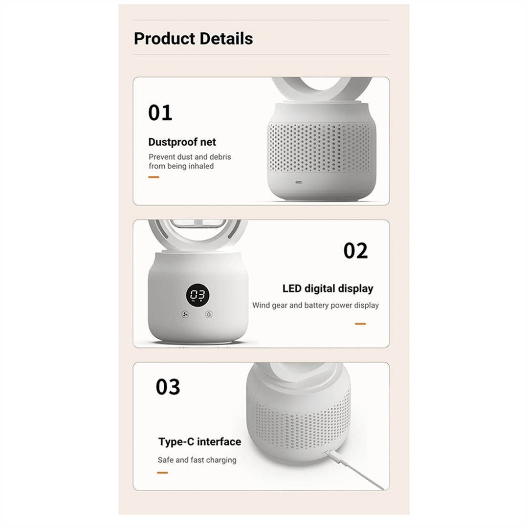 BowLift | Portable fan without blades with humidifier and night light for refreshing comfort