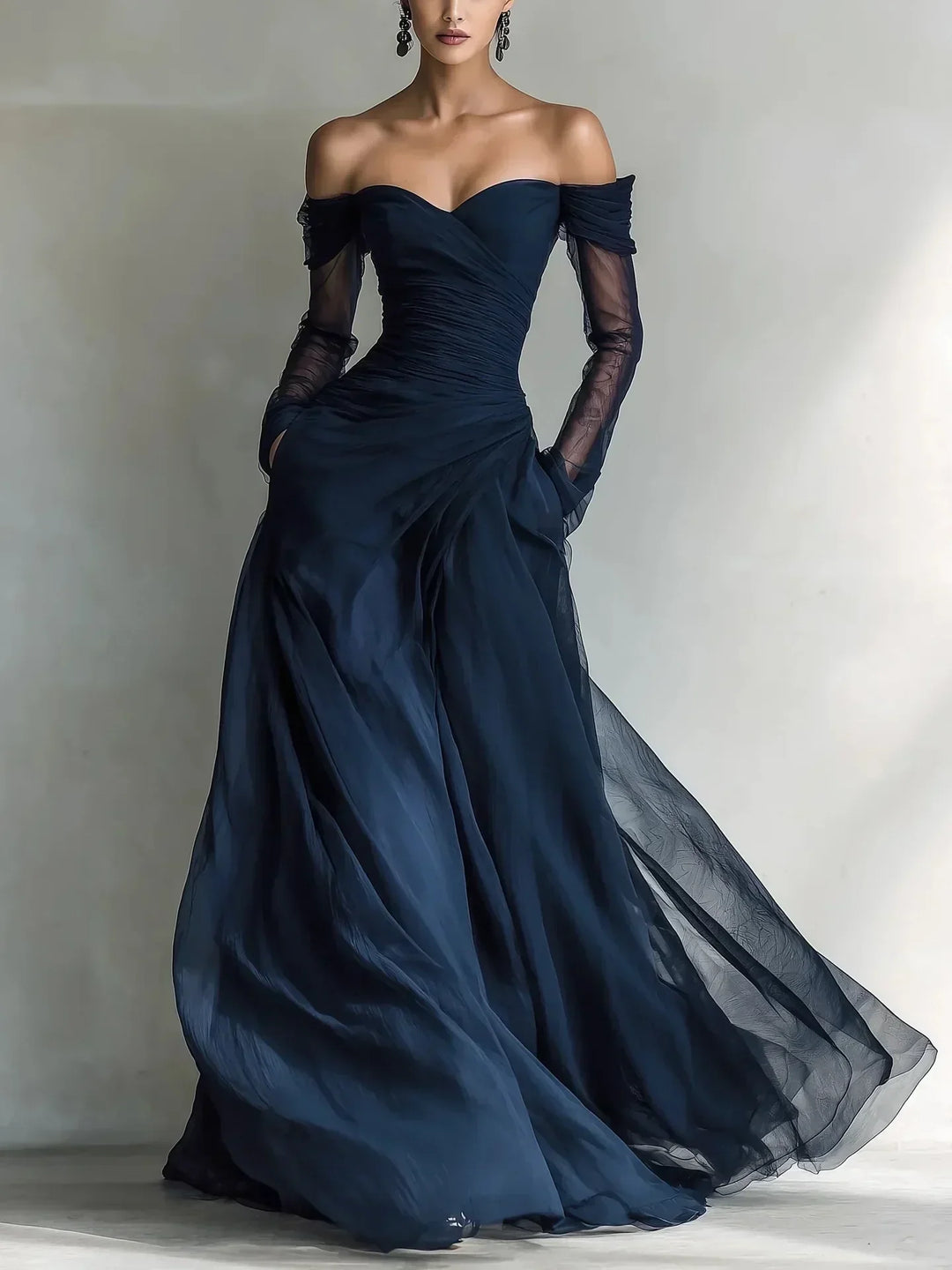 Eleonora • Long dress with off-the-shoulder design and mesh inserts