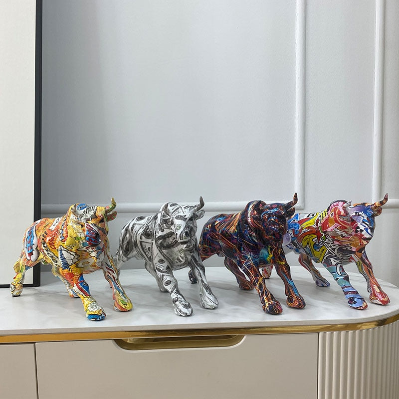 BowLift | Graffiti-Painting Resin Bull Figures Home Living Room Bedroom Office Desktop Feng Shui Ornaments Collection Statues