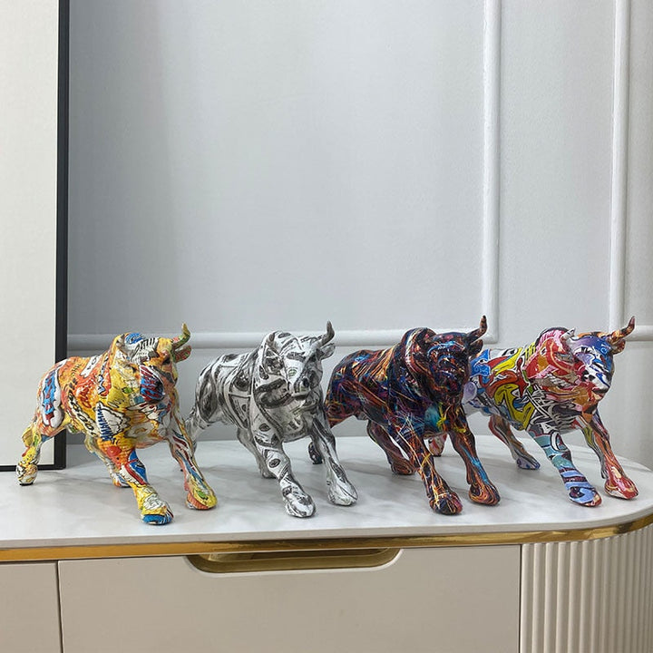 BowLift | Graffiti-Painting Resin Bull Figures Home Living Room Bedroom Office Desktop Feng Shui Ornaments Collection Statues