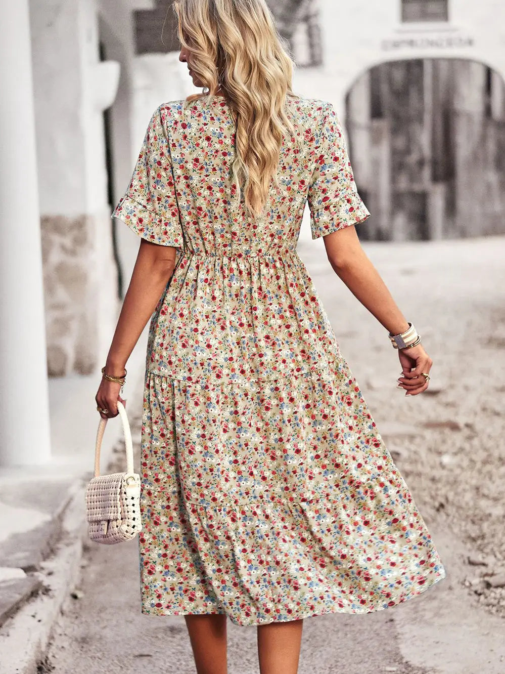 Layla™ - Elegant V Neck Printed Dress