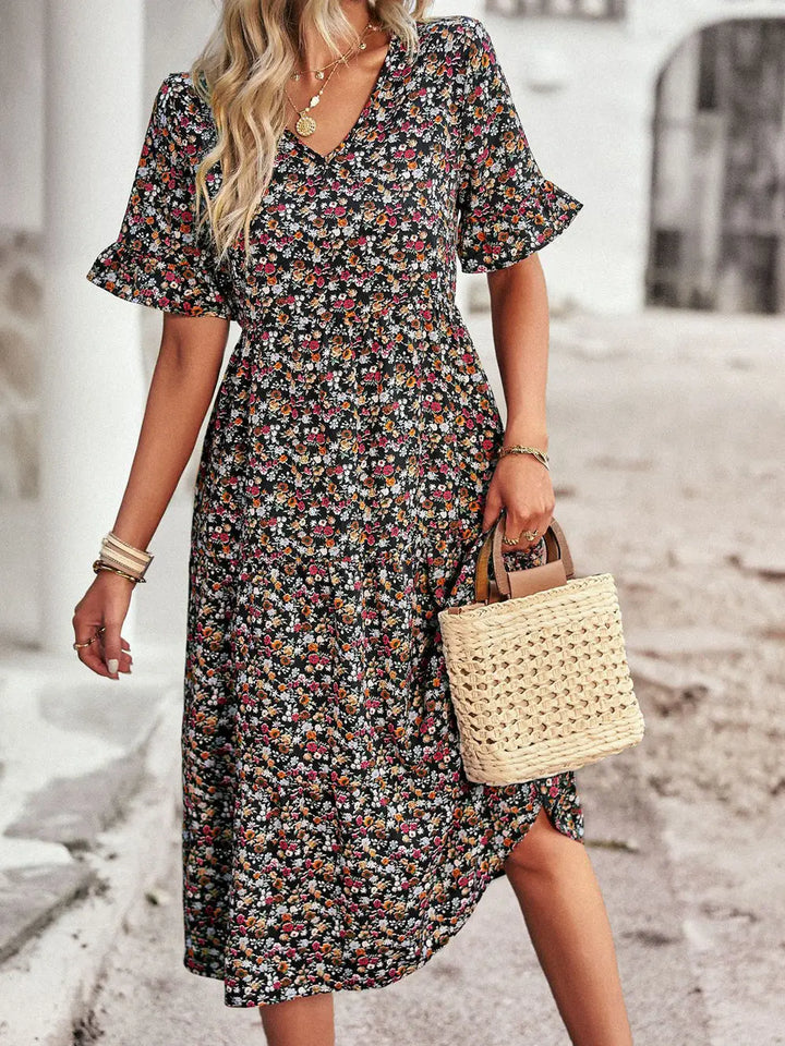 Layla™ - Elegant V Neck Printed Dress