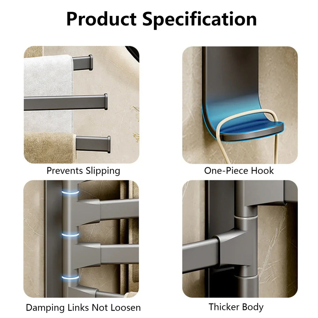 BowLift | Bathroom Towel Holder Rotatable Towel Rack Space Aluminum 1/2/3/4/5-Bar Towel Holder Kitchen Shelf Kitchen Hanging Shelf Wall Mounted