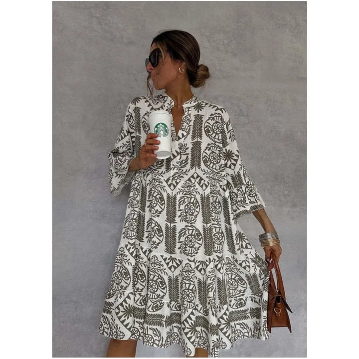 Adeline | Printed V-Neck A-Line Skirt Dress