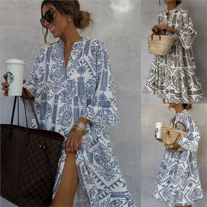 Adeline | Printed V-Neck A-Line Skirt Dress
