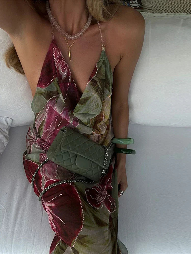 Alouette - Backless Floral Printed Side Slit Dress