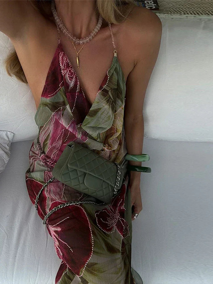 Alouette - Backless Floral Printed Side Slit Dress