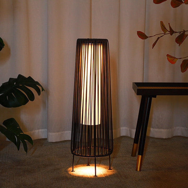 Modern Minimalist Solar Waterproof Round Vertical Pull Strip Iron Rattan LED Standing Floor Lamp For Outdoor Patio | Bowlift
