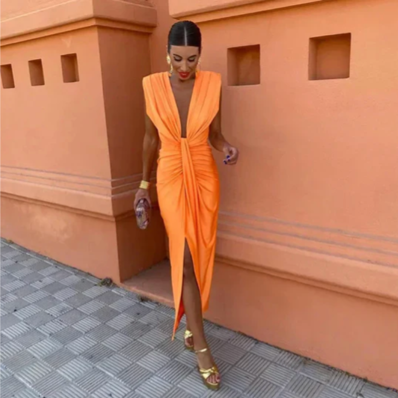 Elegant Pleated Dress - Sophisticated Woman Silhouette