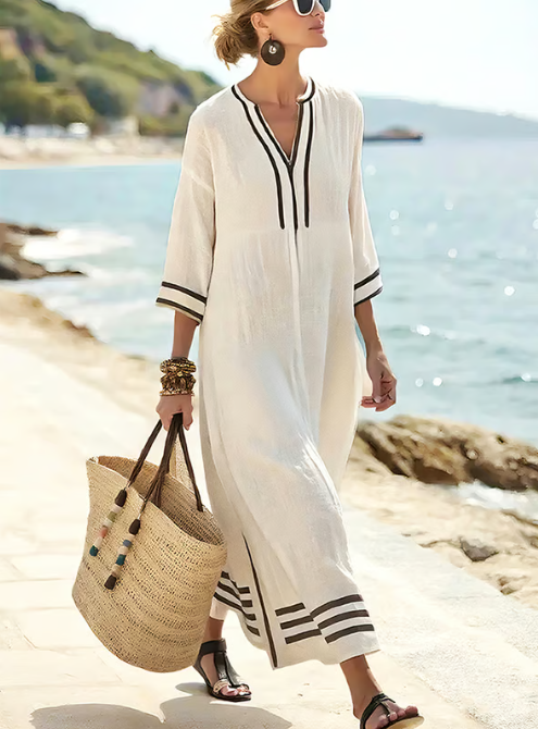 Long linen dress with contrasting detail