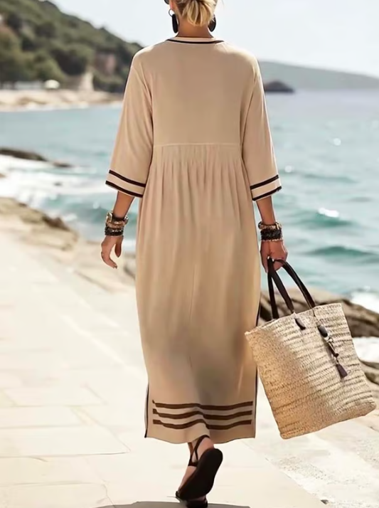 Long linen dress with contrasting detail