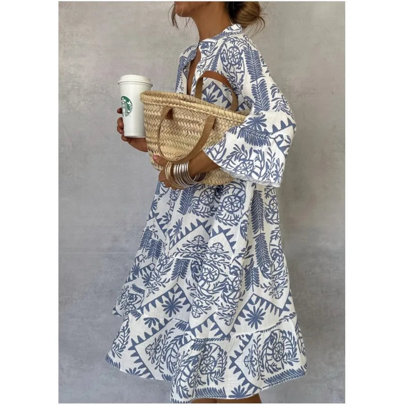 Adeline | Printed V-Neck A-Line Skirt Dress