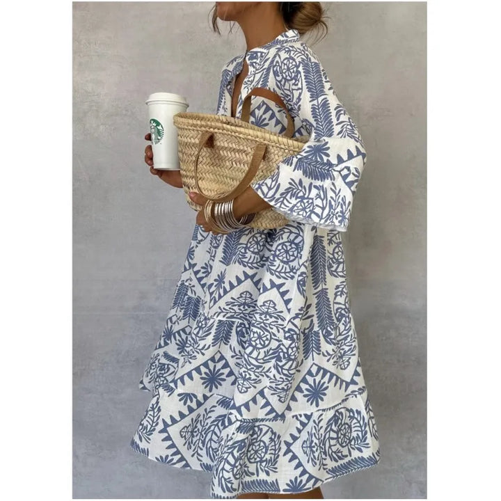Adeline | Printed V-Neck A-Line Skirt Dress