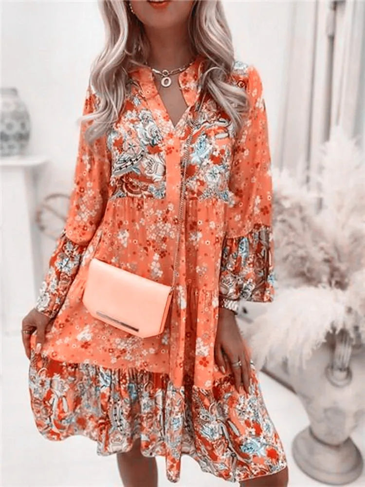 Helena- Floral V-Neck A-Line Dress