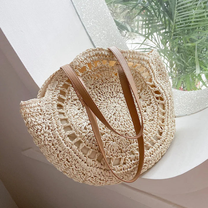 Arnora | Round Woven Handbag with Faux Leather Straps