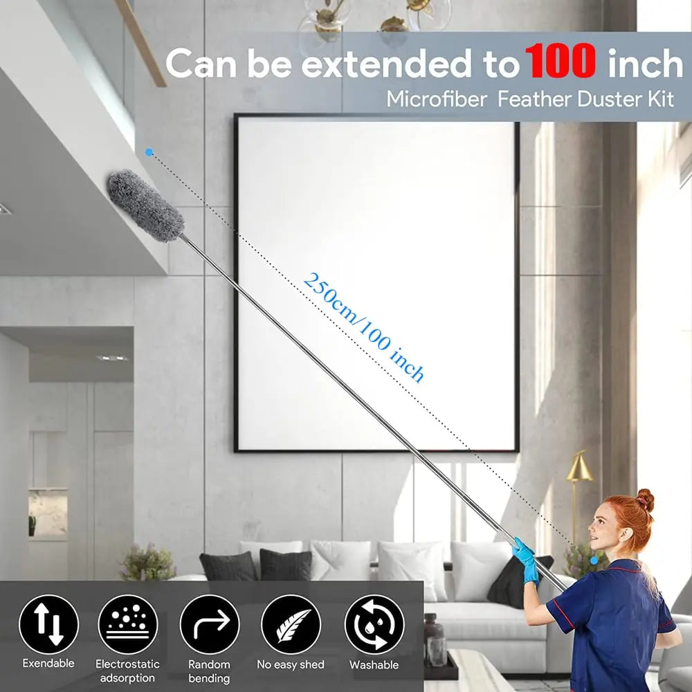 Azura | Telescopic dust duster with extra long microfiber head (Free 3 replacement cleaning heads)