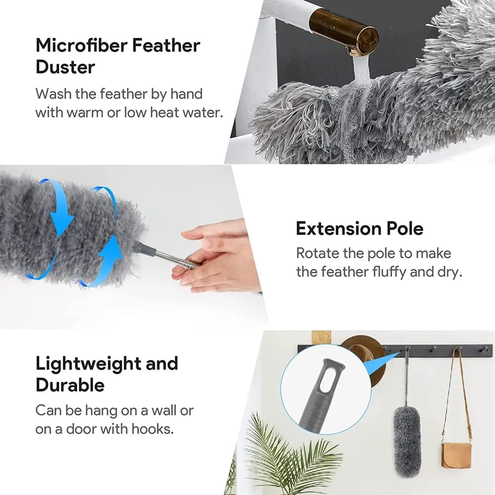 Azura | Telescopic dust duster with extra long microfiber head (Free 3 replacement cleaning heads)