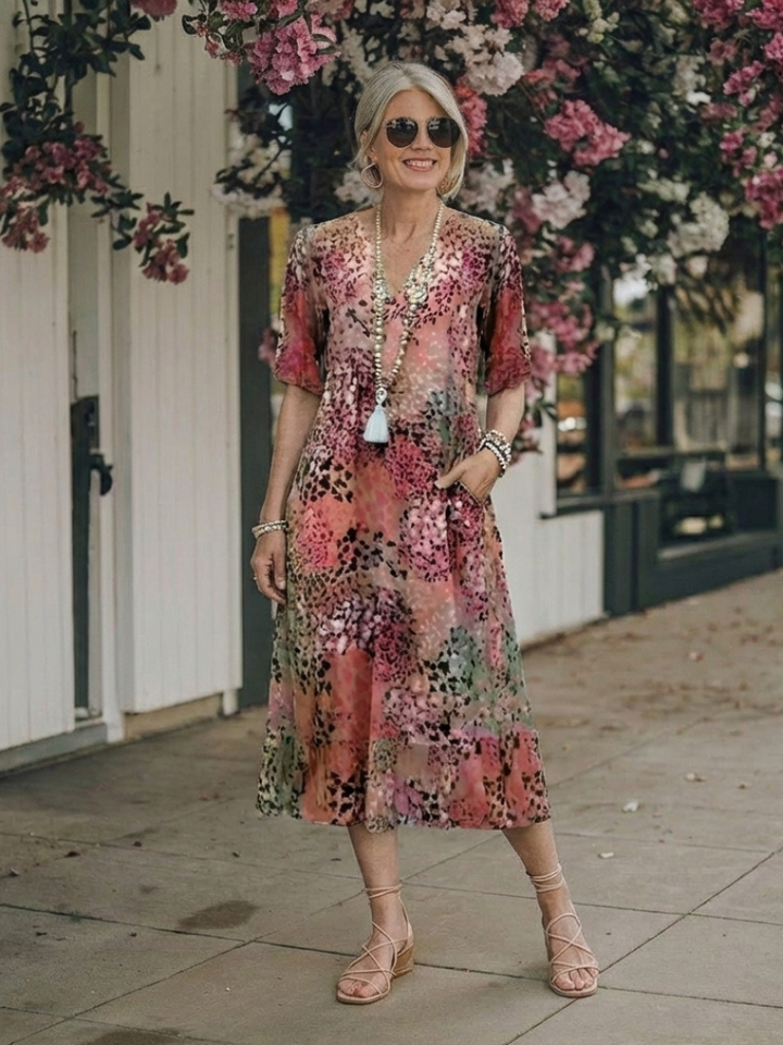 Althea | Short Sleeve V Neck Printed Midi Dress