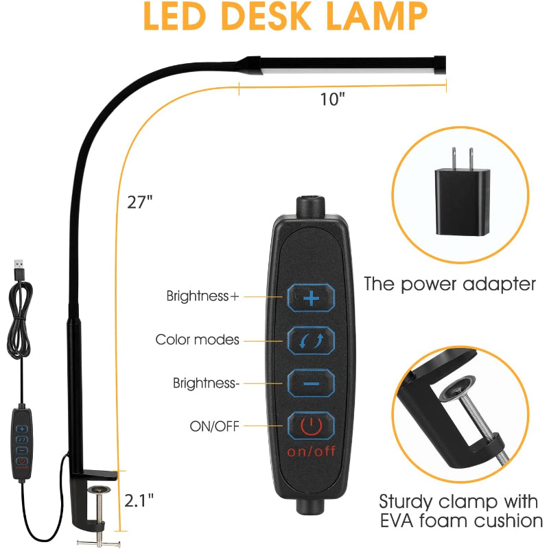 BowLift | LED Desk Lamp with Lamp, eye-friendly Clip-On Lights for the Home Office, 3 Modes 10 Brightness Levels, long flexible Gooseneck, Metal, Swing Arm Architect Task Desk Lamps with USB Adapter, White