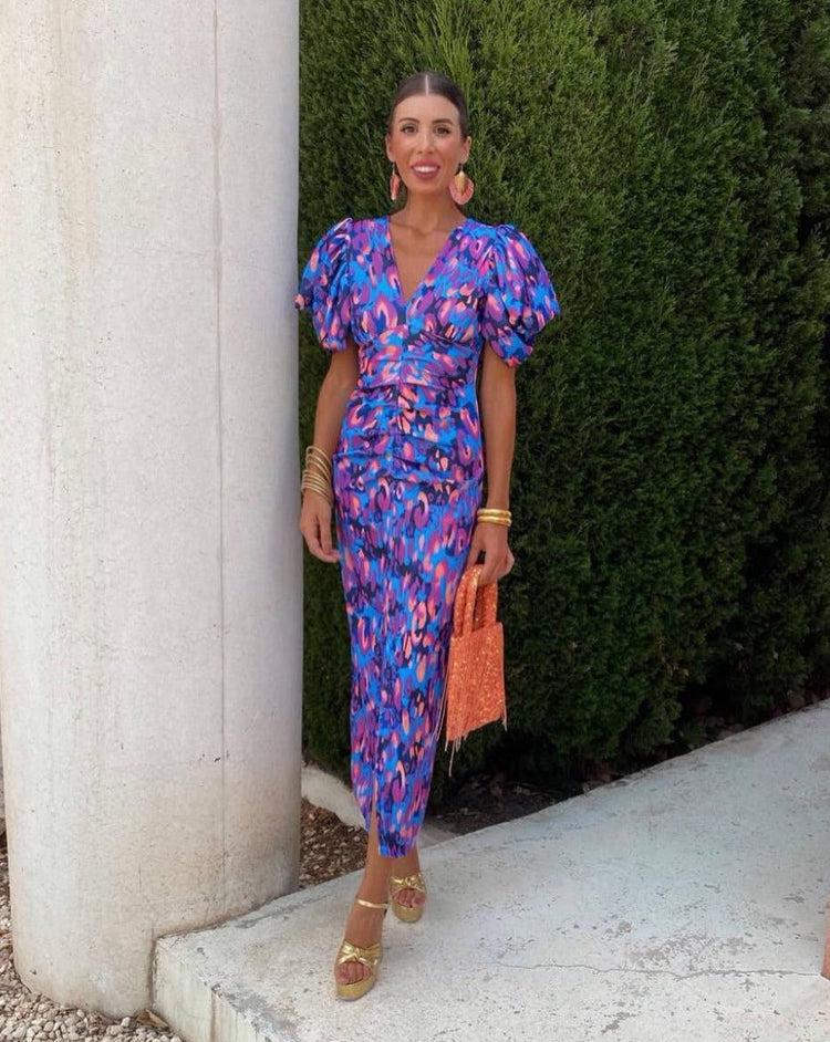 Loren - Vibrant Midi Dress with Puff Sleeves
