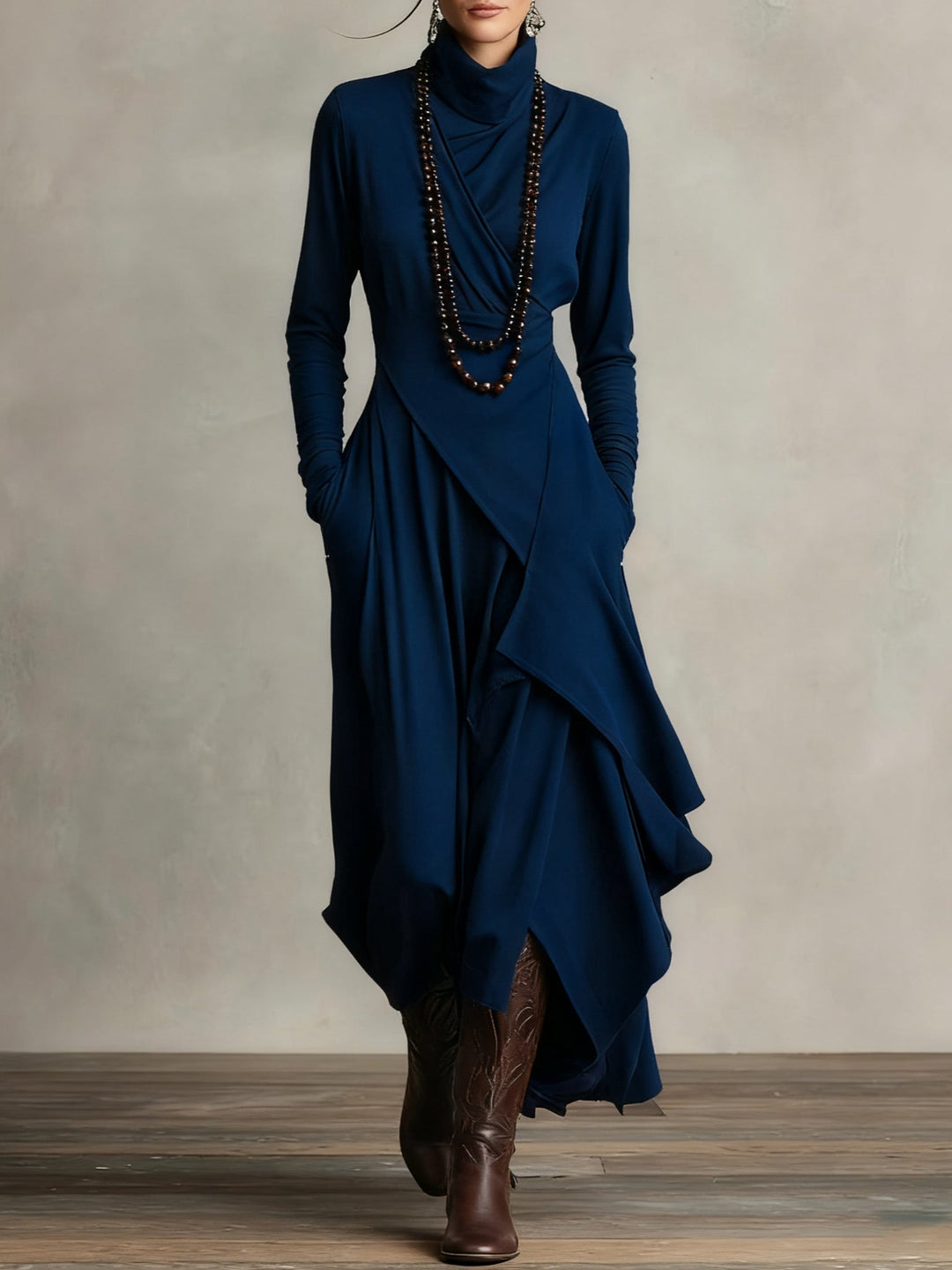 RENATA – ELEGANT ASYMMETRICAL MAXI DRESS WITH HIGH COLLAR