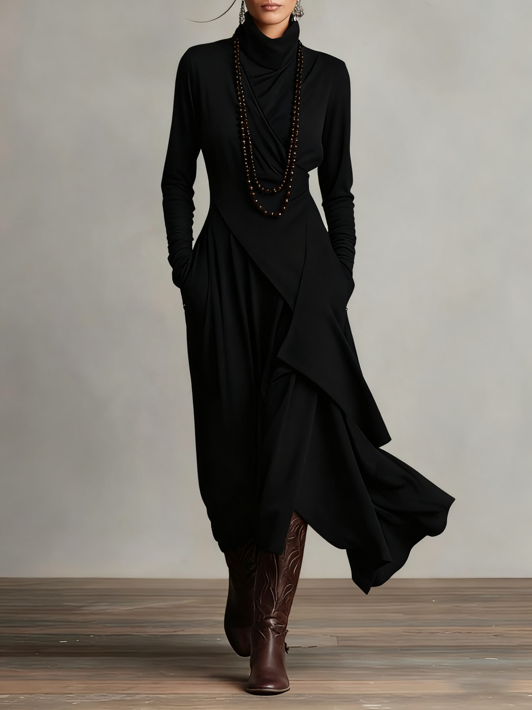 RENATA – ELEGANT ASYMMETRICAL MAXI DRESS WITH HIGH COLLAR