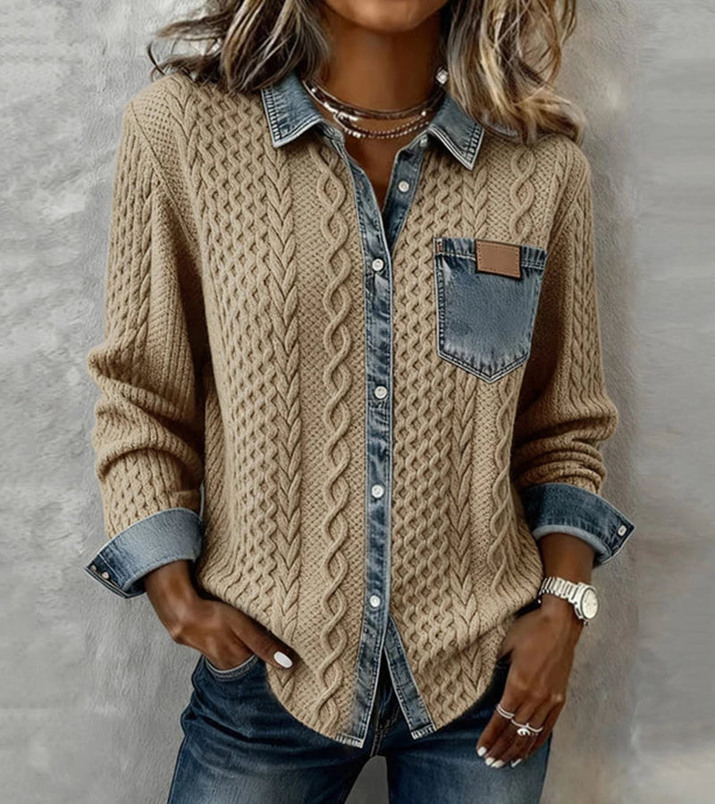 Bibianna - Long Sleeve Shirt With Denim Patchwork