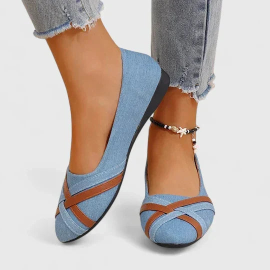 NATHALIE – CROSS-STRAP DENIM FLATS