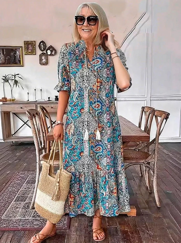Carolette - Boho Drawstring Neck Maxi Dress