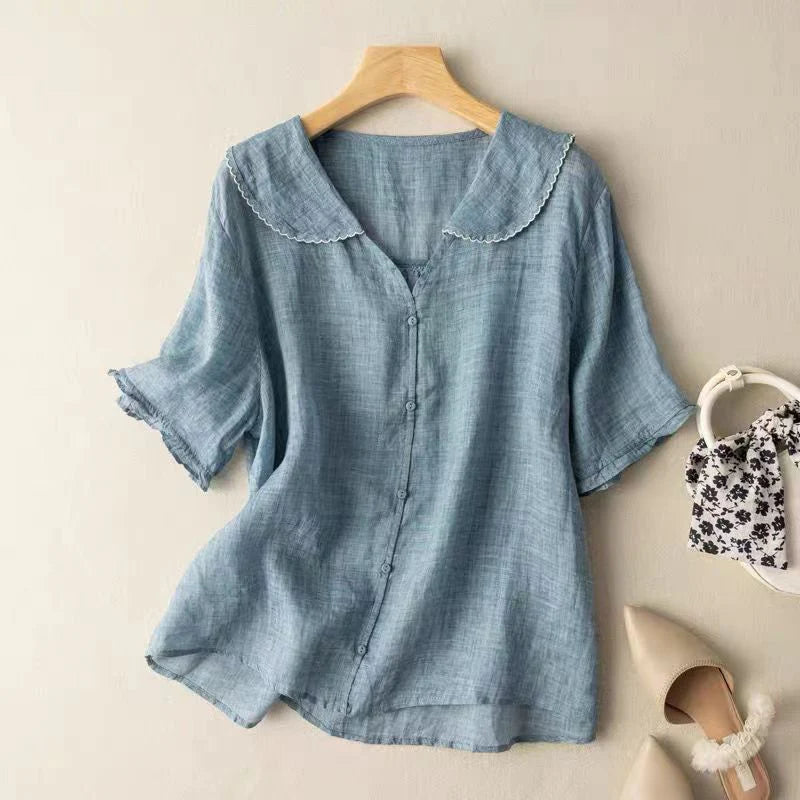 Sotiria - Elegant Linen Short Sleeve Blouse
