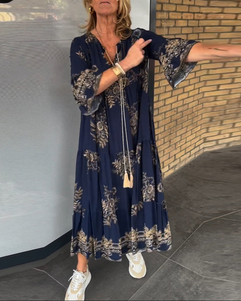 Nora – Vintage Loose V-Neck Midi Dress