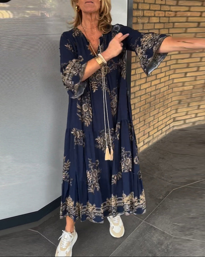 Nora – Vintage Loose V-Neck Midi Dress