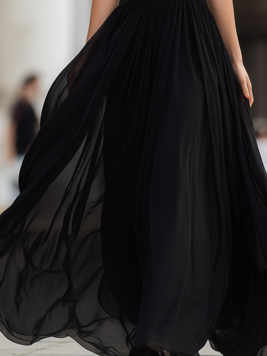 Black Halter Neck Pleated Chiffon Maxi Dress