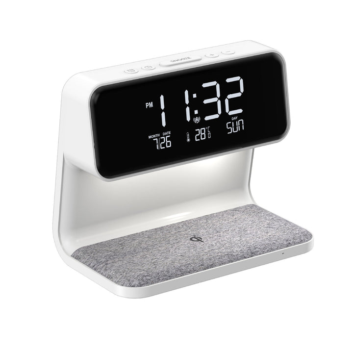 BowLift | 3-in-1 Bedside Lamp with Wireless Charger – LCD Alarm Clock & Touch Dimmable LED Table Lamp