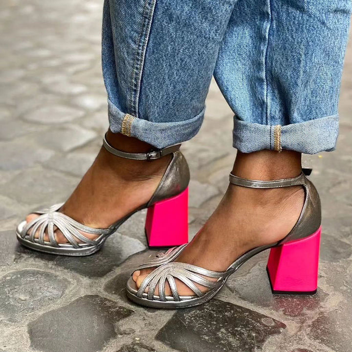 Seraphina | Shiny Colorful Sandals with Buckle and Thick Heel