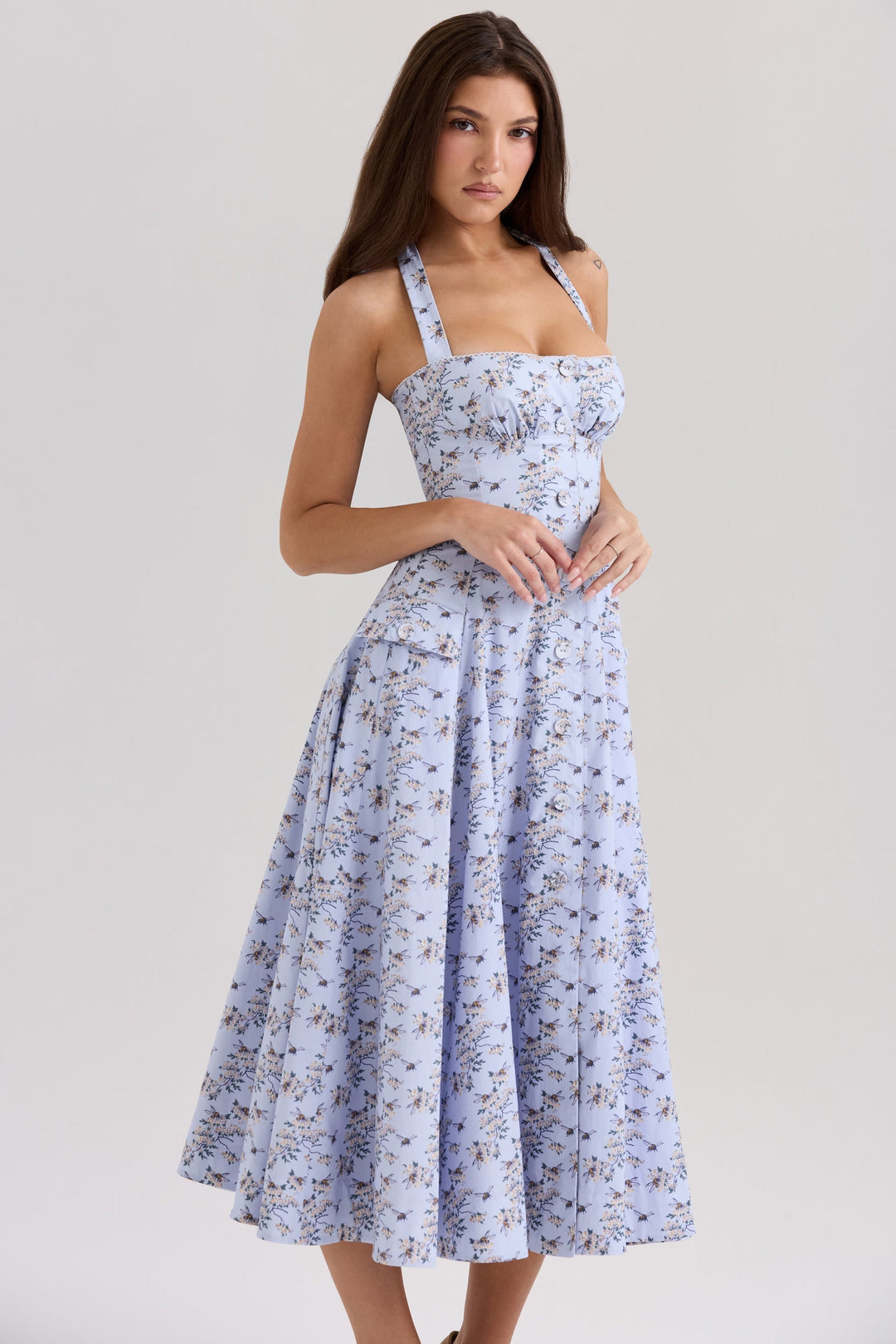 Belle - Midi Dress with Daisy Print and Halter Neck