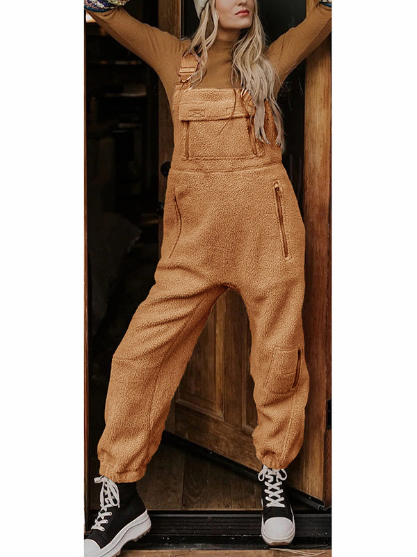 Fleece Thermal Overalls with Zipper Pockets for Women