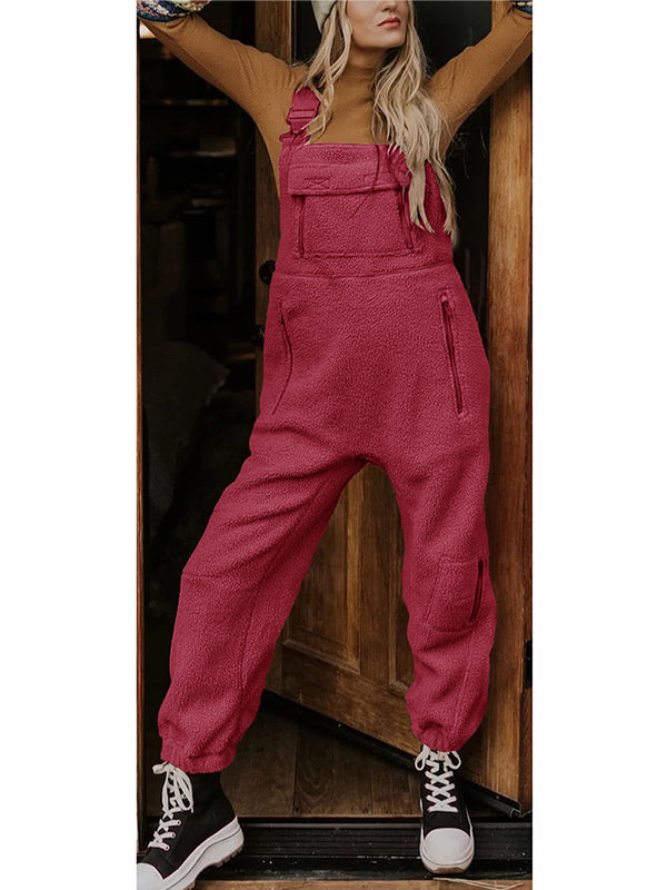 Fleece Thermal Overalls with Zipper Pockets for Women