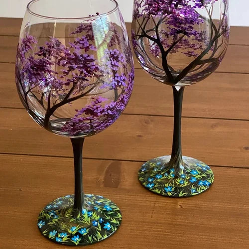 Azura | Hand Painted Four Seasons Tree Wine Glasses | Unique Art