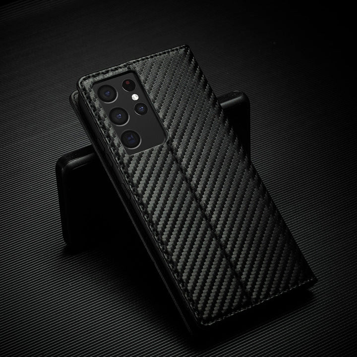Azura | S23 Phone case | Card holder made of carbon fiber leather with magnetic closure