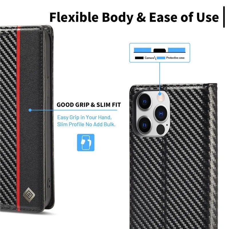 Azura | S23 Phone case | Card holder made of carbon fiber leather with magnetic closure