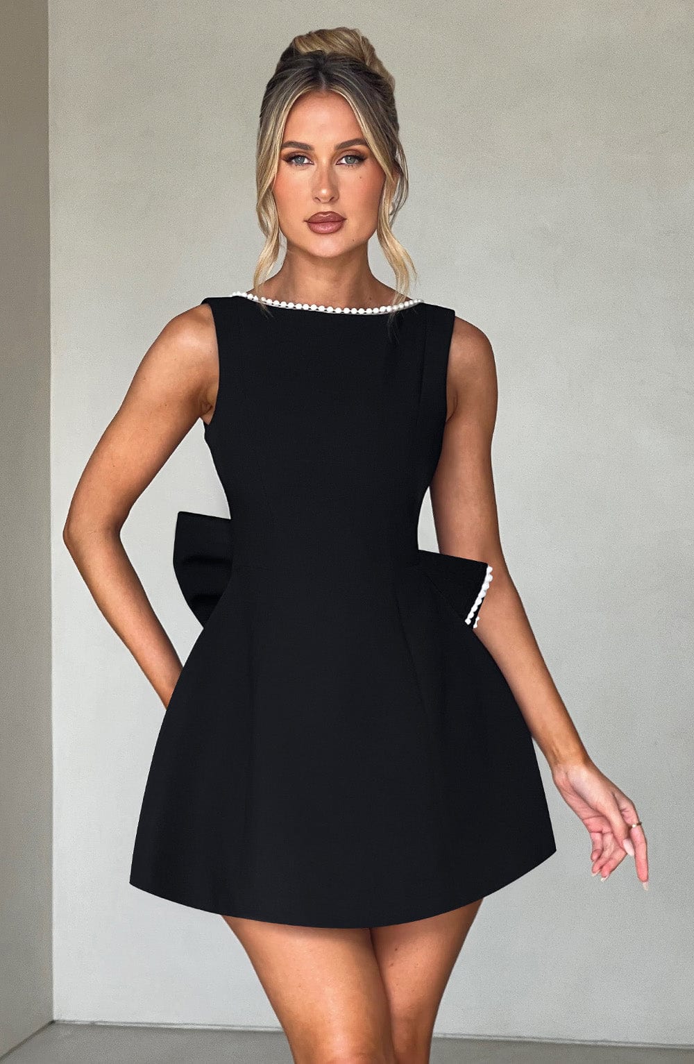 Hollis - Elegant Pearl Bow Mini Dress