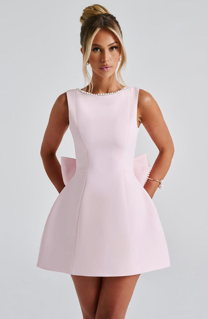 Hollis - Elegant Pearl Bow Mini Dress