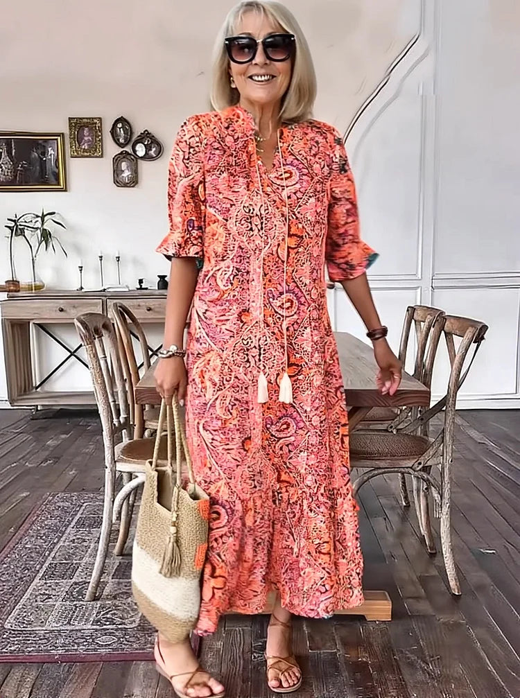 Carolette - Boho Drawstring Neck Maxi Dress