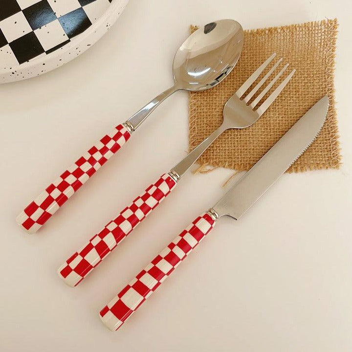 BowLift | Checked Stainless Steel Silver Cutlery Black Red Yellow Green