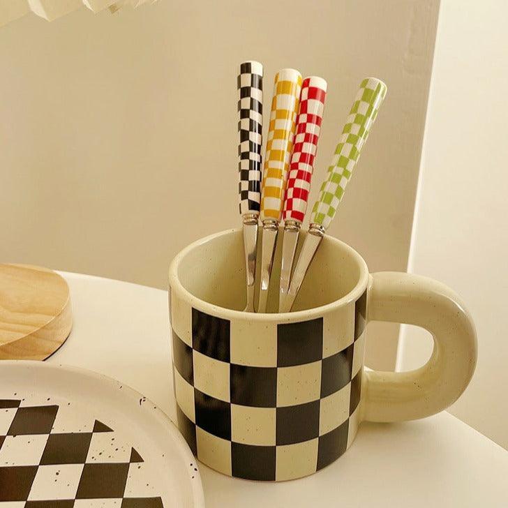 BowLift | Checked Stainless Steel Silver Cutlery Black Red Yellow Green