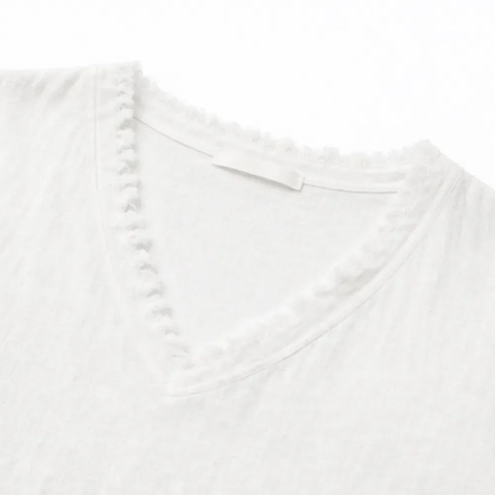 Lorelei – Boho Frayed-Trim V-Neck Tee for Women, Loose Tummy-Hiding Fit