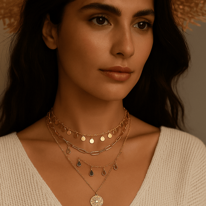 Francesca Necklace – Multi-layered gold with solar medallion