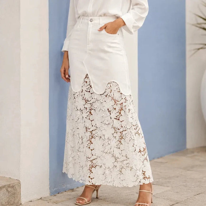 Florenza – Floral lace hem high waist denim maxi skirt with pockets